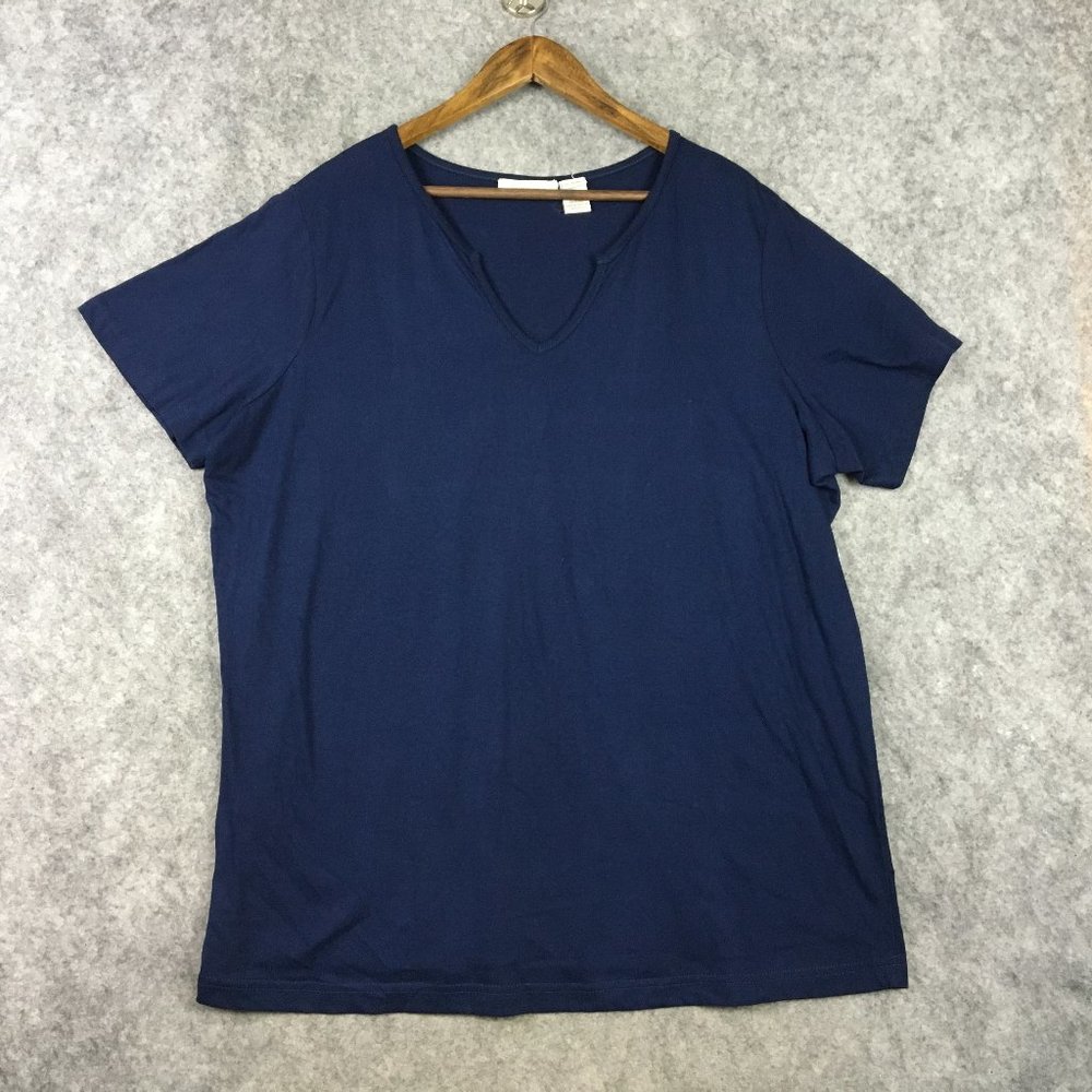 Roamans Top 1X Womens T Shirt 100 Cotton Split Neck Navy Blue Solid Casual